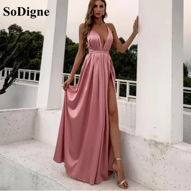 

SoDigne Simple Sexy V-Neck Sleeveless A-Line Party Dress Vintage Long Bodycon Prom Dresses Women Homecoming Gowns