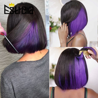 Short Bob Wig Human Hair Wigs 1B Purple Straight 100% Human Hair Wig With Bang Malaysia Mix Color Machine Made Wigs Estrella