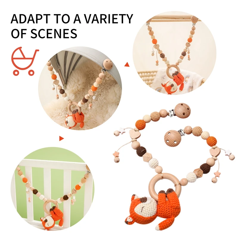 Baby New Animals Stroller Chain Wooden Pram Clip Pacifier Clip Chain Crochet Animal Teething Bracelet Mobile Stroller Toys