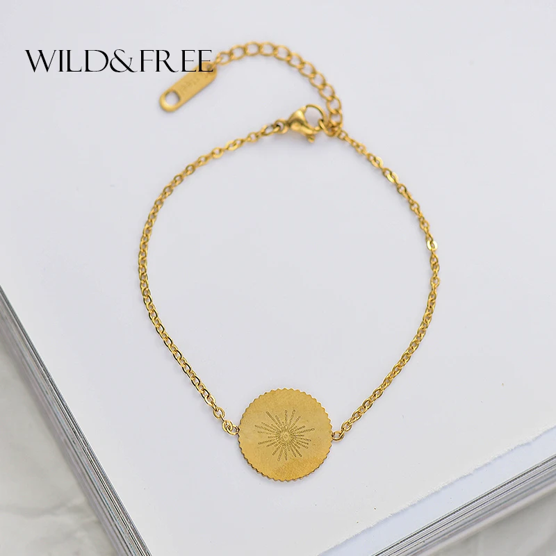 

New Design Women Gold Plated Round Bracelets Delicate Stainless Steel Jewelry Sun Pattern Gold Color Link Chains Bracelet