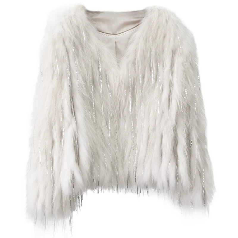 Racoon fur car striped fur coat women's short 2021  new Knitted  mid-length sequined tassel coat