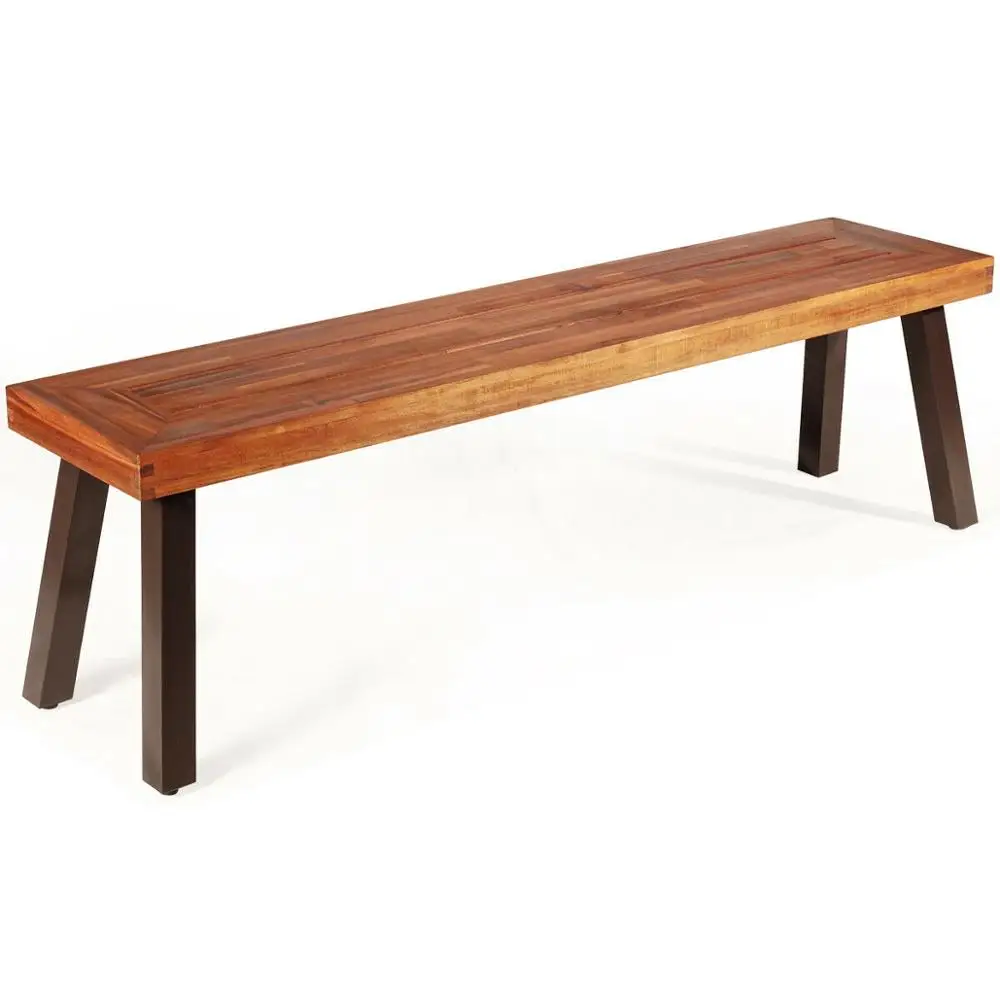 Patio Acacia Wood Dining Bench Seat with Rustic Steel Legs for Outdoor Indoor