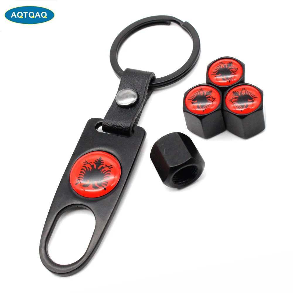 

5Pcs/Set Albania Flag Style Anti-theft Car Wheel Air Tire Valves Leather Buckle Tire Valve Cap Stem with Wrench Ring Spanner New