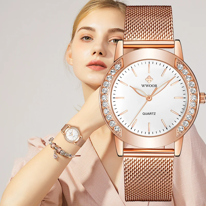 2021 Top Brand Fashion Wwoor Luxury Diamond Ladies Watches Women Quartz Wrist Watch Rose Gold Mesh Band Bracelet For