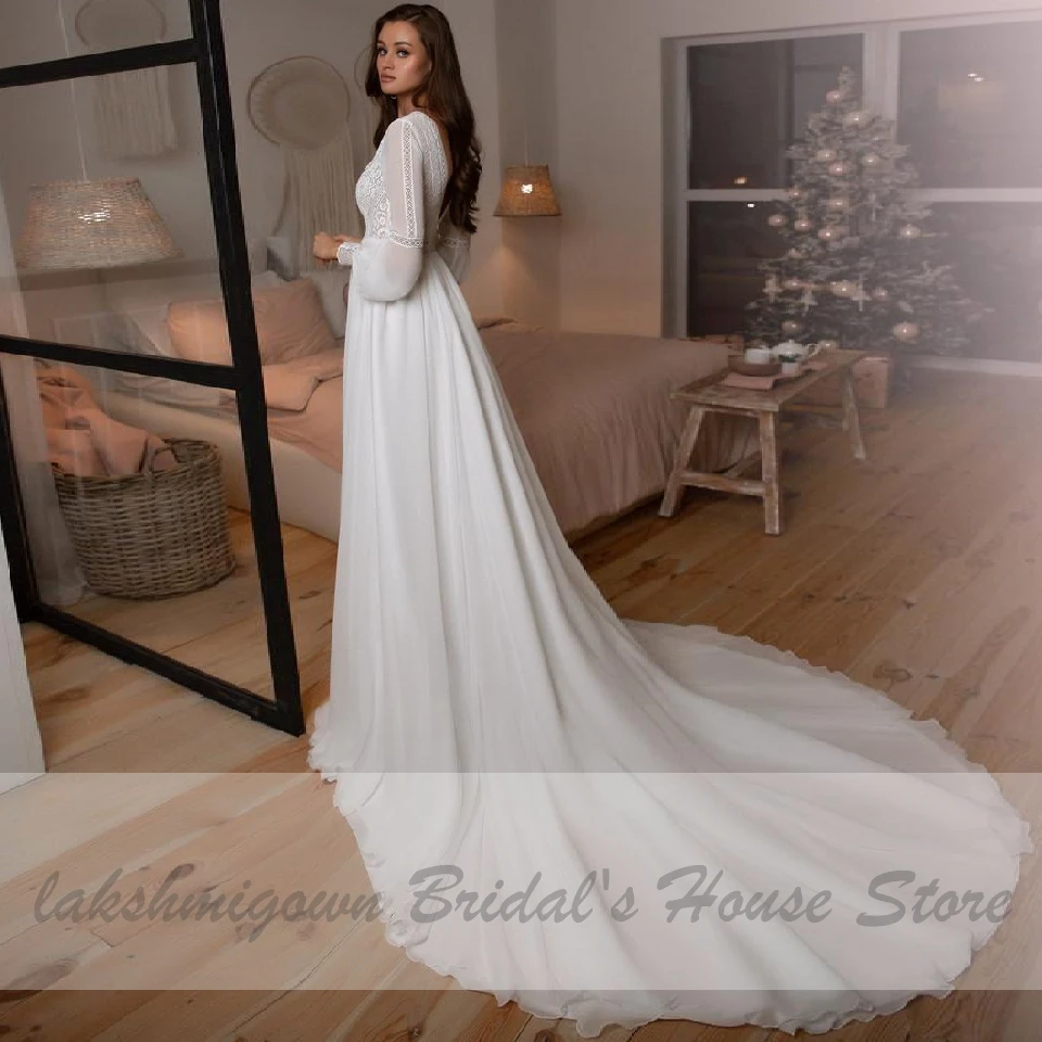 Vestidos Boho Bridal Lange Mouwen Trouwjurken A Line 2021 Robe Longue Simple Beach Chiffon Lange Bruidsjurken V-hals