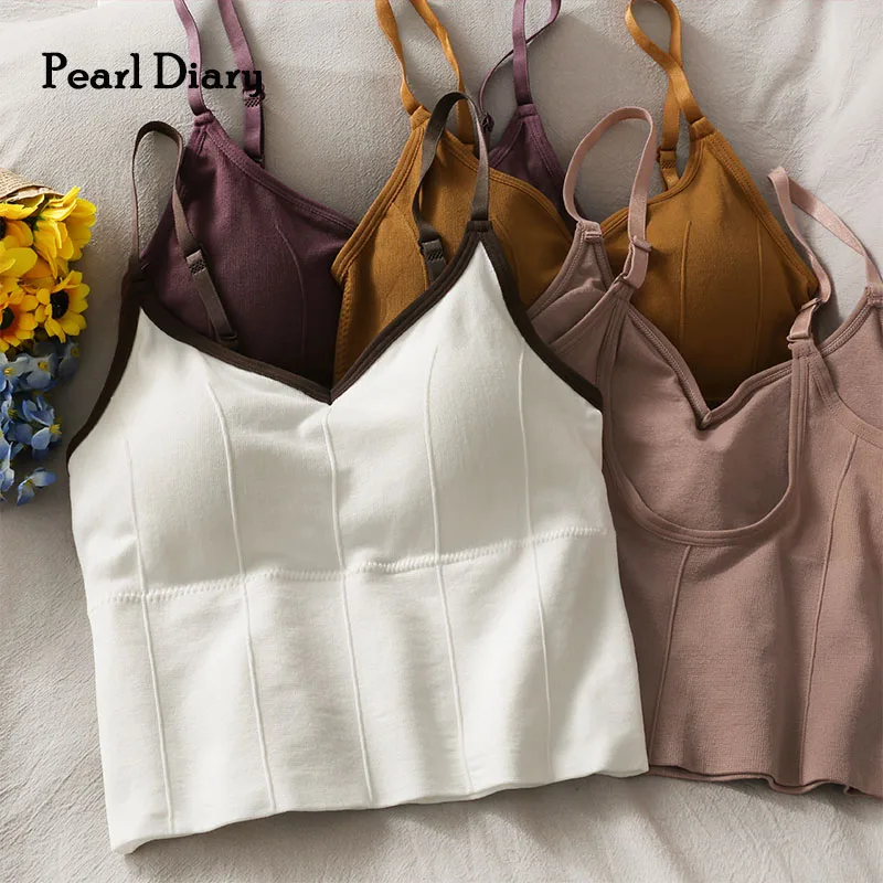 Pearl Diary Women Sports Bra Top With Inner Removable Pad Summer V Neck Adjustable Elasticated Strap Solid Color Cropped Bra Top