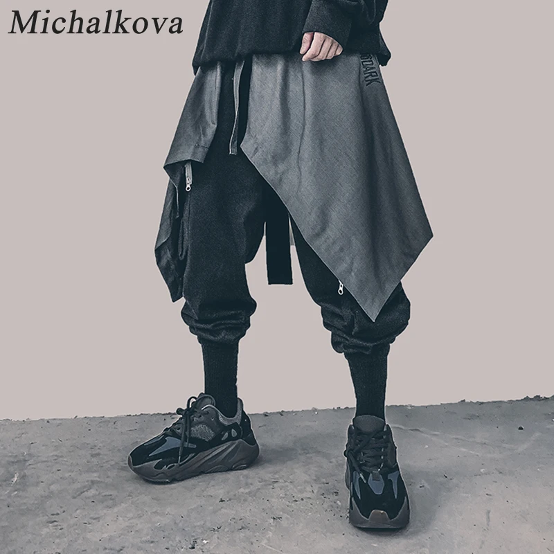 Michalkova nieregularne Hip Hop mężczyźni spódnica w pasie Harajuku regulowany Streetwear czarny plisowany fartuch Gothic Jogger hemlines