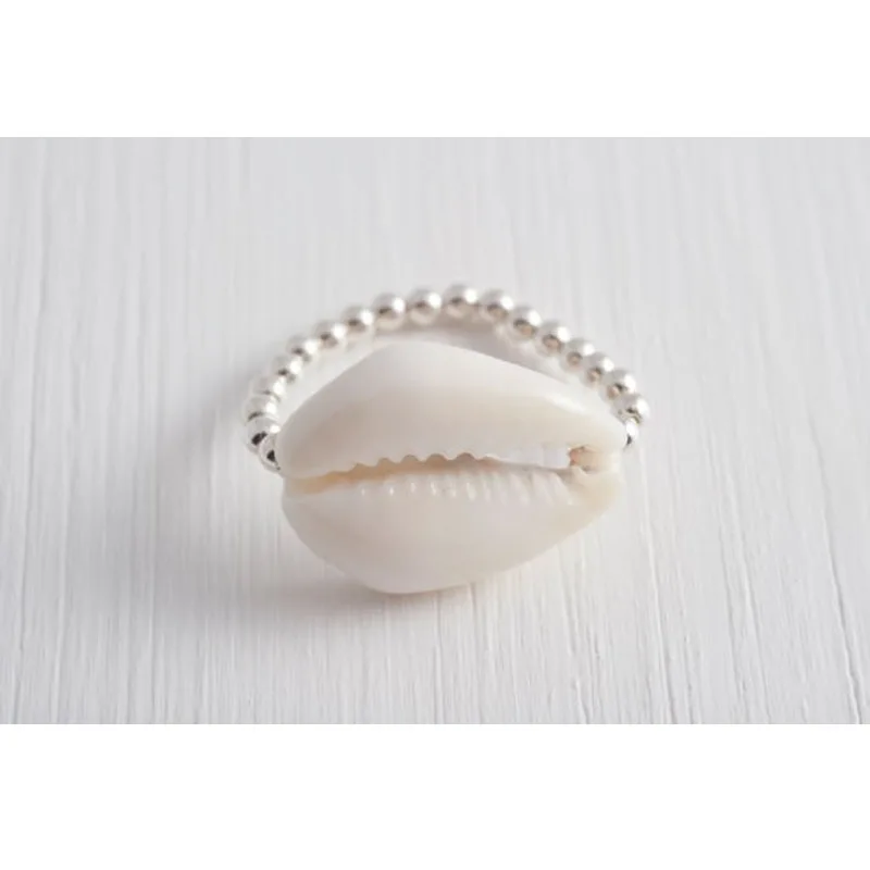 Tiny Natural Sea Cowrie Beaded Elastic Ring Handmade Jewelry