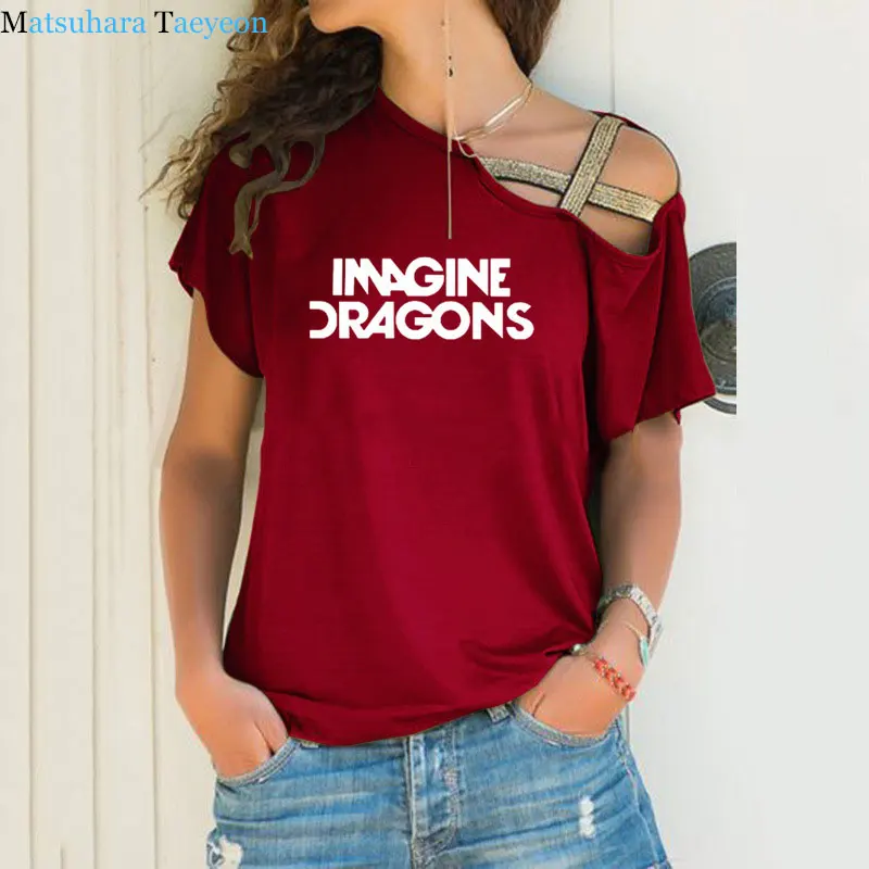 woman t shirt Fashion Imagine Dragons Funny Tee Top Short Sleeve Female clothing T-Shirt Irregular Skew Cross Bandage Tshirt