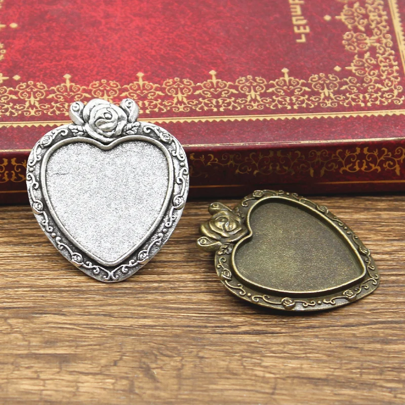 3pcs New 25mm Inner Size Antique Bronze Silver Color Heart Flower Rose Style Cabochon Base Setting Charms Pendant