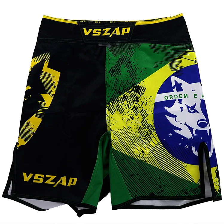 VSZAP Men\'s Brazil Boxing Shorts Printing MMA Shorts Fight Grappling Short Polyester Kick Gel Thai Boxing Shorts MMA Boxe