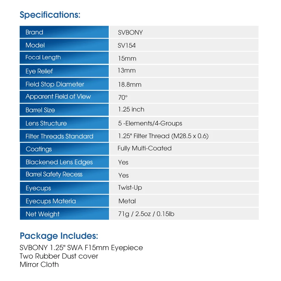 Svbony SV154 Teleskop-Okular 70 Grad SWA Super-Weitwinkel-Okular 1,25 Zoll/2 Zoll 15 mm/26 mm für Teleskope – Detail 13