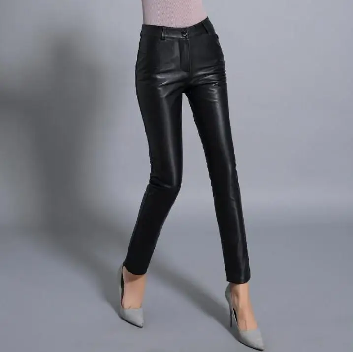 

Winter new Korean Genuine leather women's trousers sheep skin feet high waist plus velvet thickening pencil pants