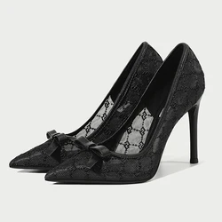 Lace Mesh Black Stiletto Shoes Women Summer New Hollow Out Breathable Medium Heel Large Size Women's Shoes