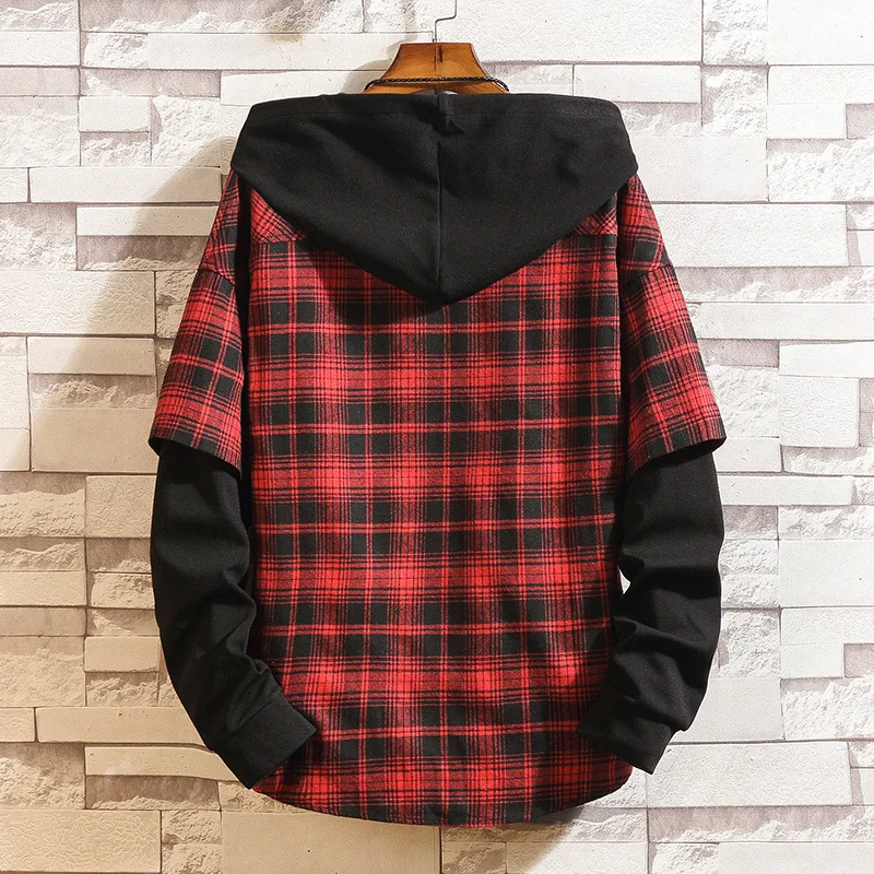 Autumn 2024 Hood Plaid Shirt Men Long Sleeves Fashion False Two Piece Loose Streetwear Casual Shirts For Men Plus Size