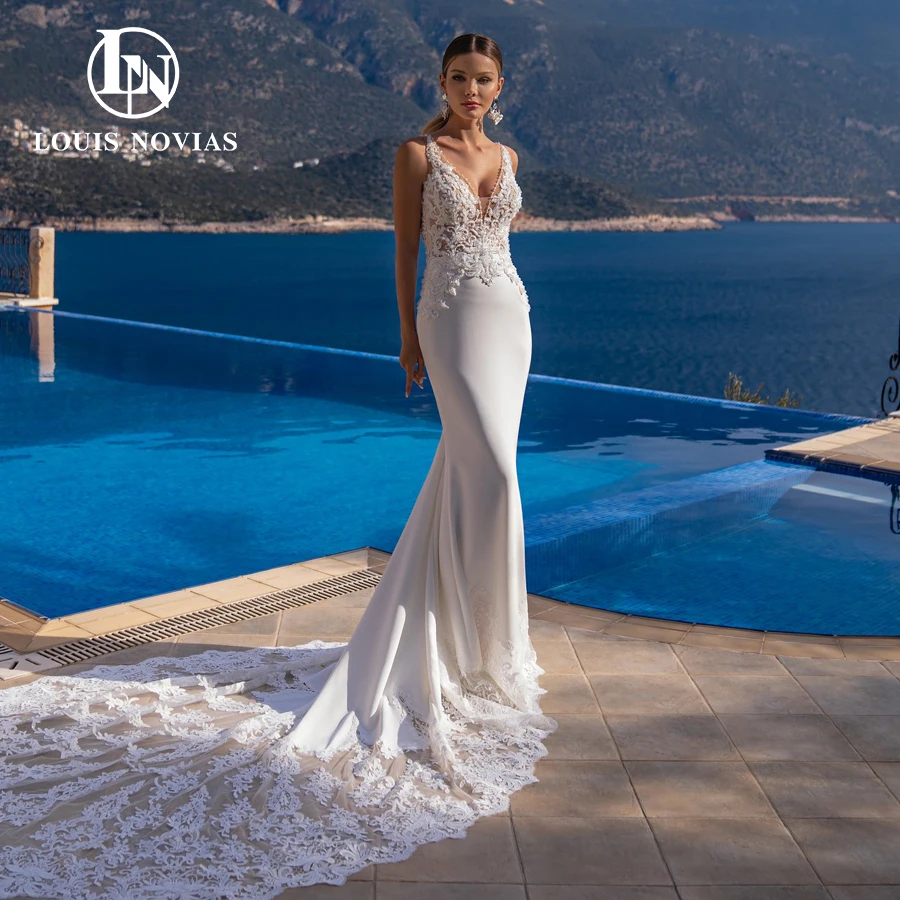 

LOUIS NOVIAS Satin Mermaid Simple Wedding Dress Sexy Appliques Beading V-Neck Sleeveless Shoulder Strap Chapel Train Bridal Gown