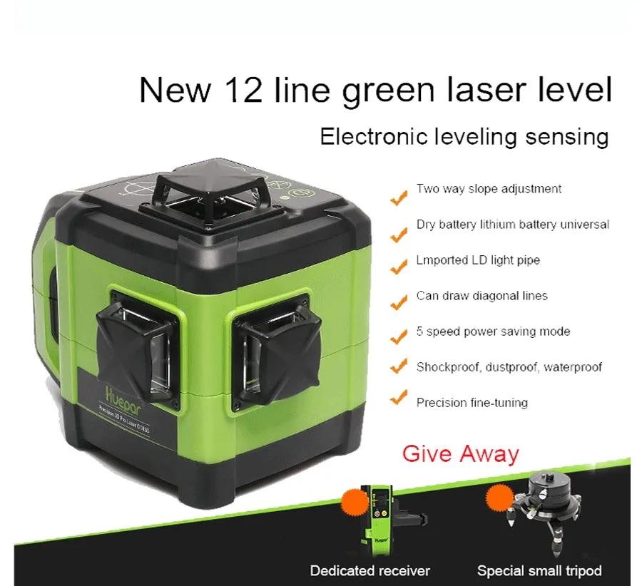 Huepar penerima level laser, & 12 Garis 3D garis silang hijau Laser DT03CG Level pelevelan sendiri 360 derajat vertikal
