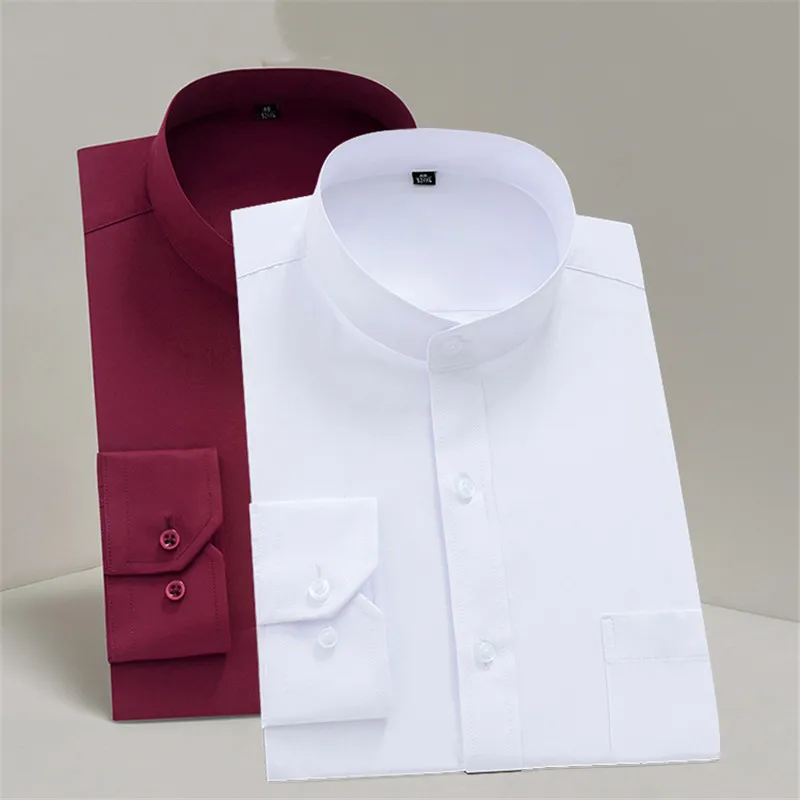 Male Mandarin Collar Shirt Man White Business/Party/Forma Non-ironing Chinese Style Solid Crew Neck Single Breasted Shirt L