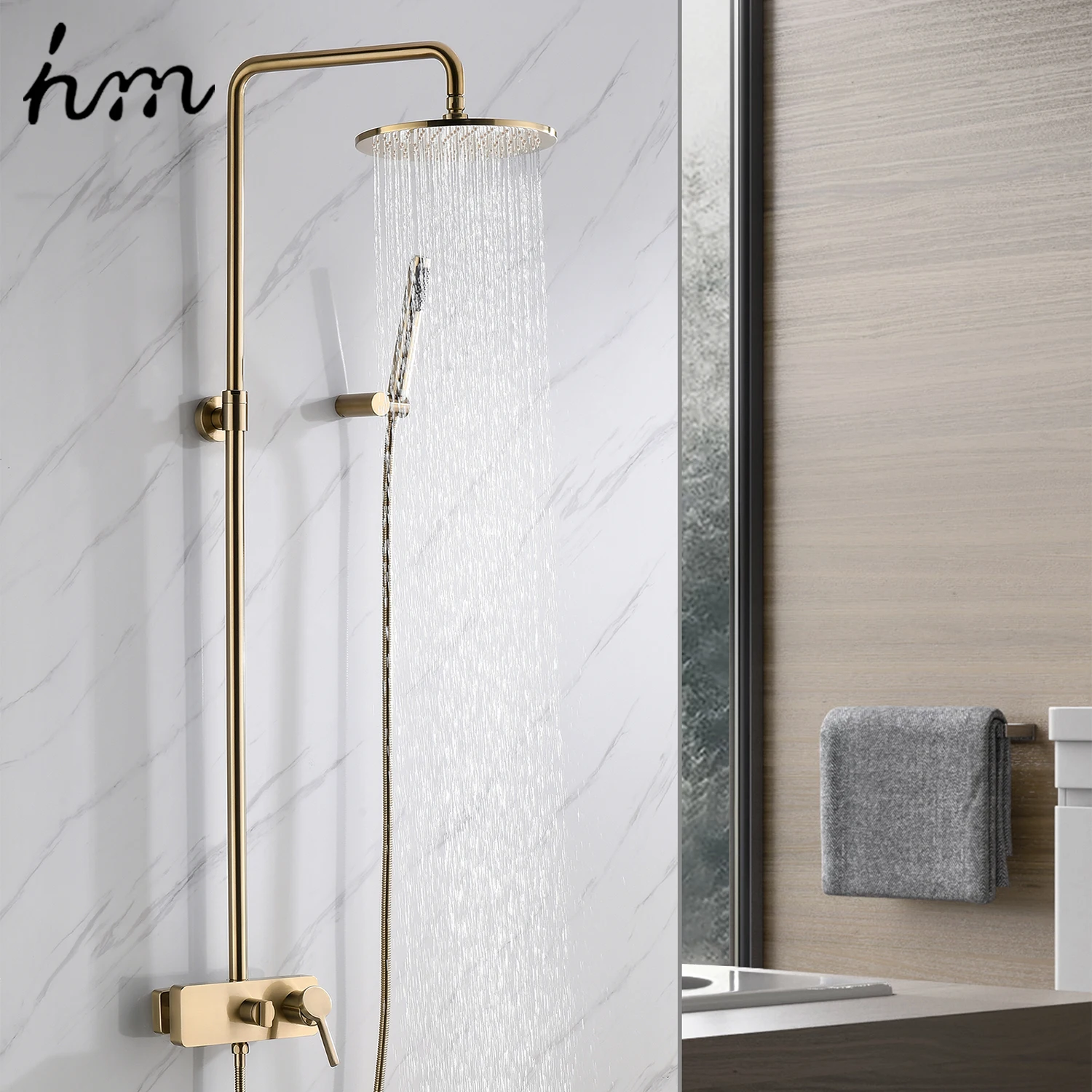 hm Bathroom Accessories Brushed Gold Shower System 10inch Brass Round Rainfall Showerhead Set With Handheld Faucet