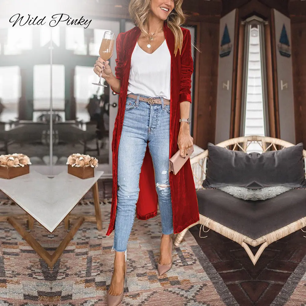 WildPinky Nowa moda Jesień Zima Kobiety Pasek Kardigan Guziki Długa kurtka Casual Solid Color Velvet Office Lady Elegancki płaszcz