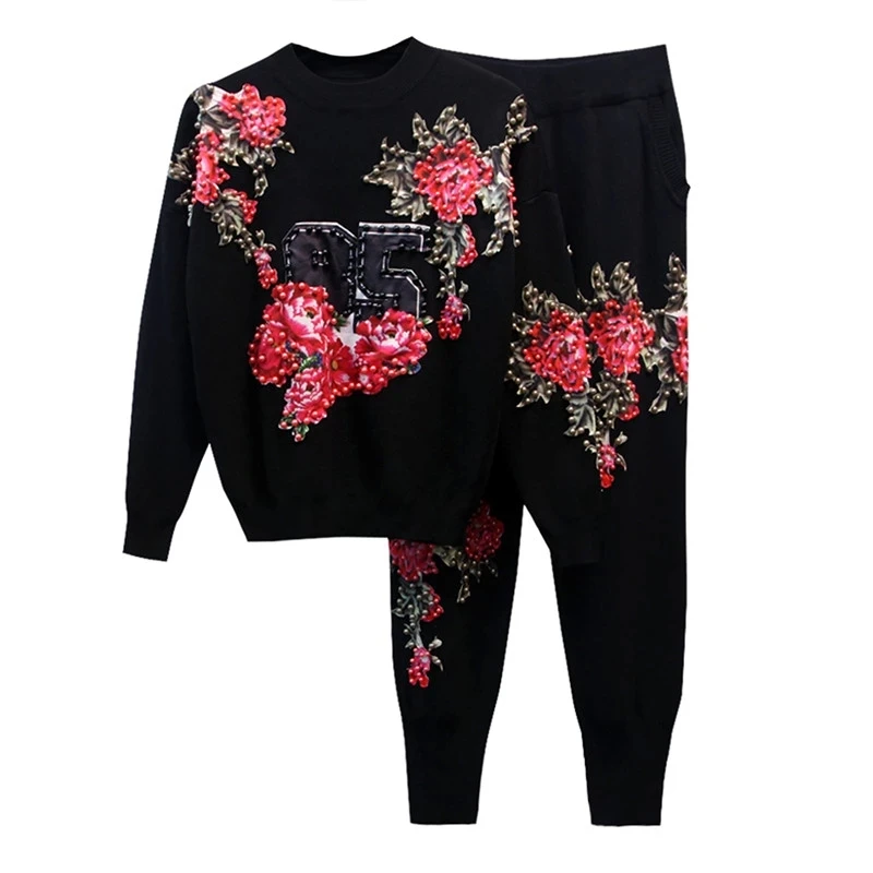 2024 Autumn Two Piece Set Women Beaded Flowers Long Sleeve Knitting Sweater + Little Feet Pants Suit Ladies Fashion