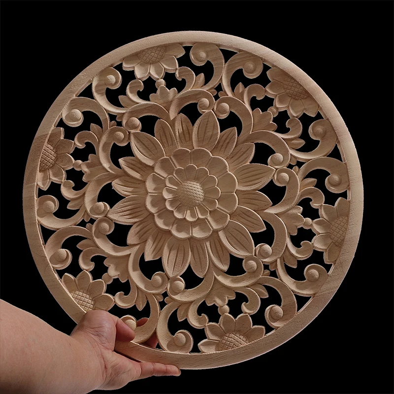 Round Flower Exquisite Carving Natural Wood Appliques Furniture Wooden Mouldings Vintage Unpainted Accessories Decoration Decal