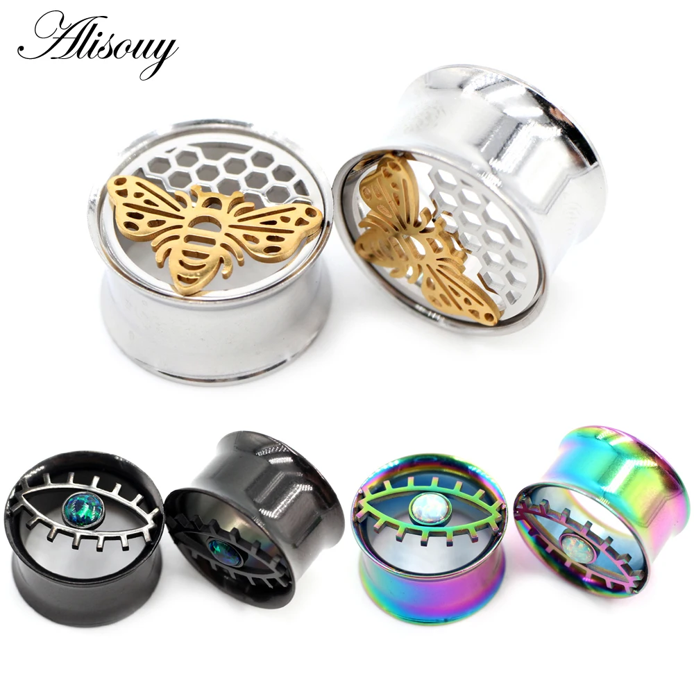 Alisouy 2 sztuk ze stali nierdzewnej oko zwierzęce Opal Flare tunele do uszu korki Expander nosze wskaźniki kolczyki Piercing biżuteria