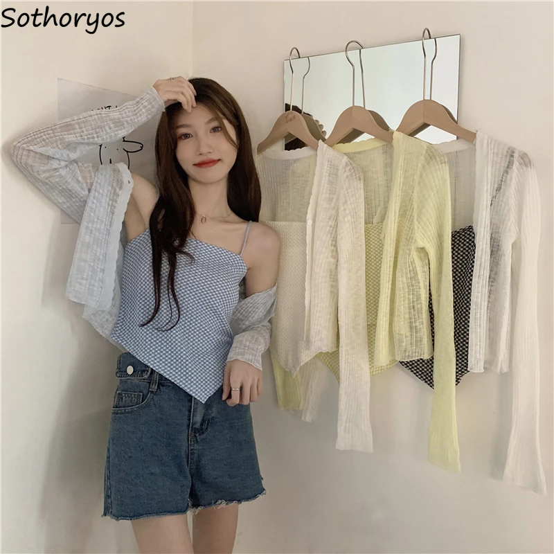 Solid Cardigan Women Long Sleeve Crop Tops Summer Casual Outwear Sun-proof All-match Knitted Sweet Girls Korean Style Simple Top