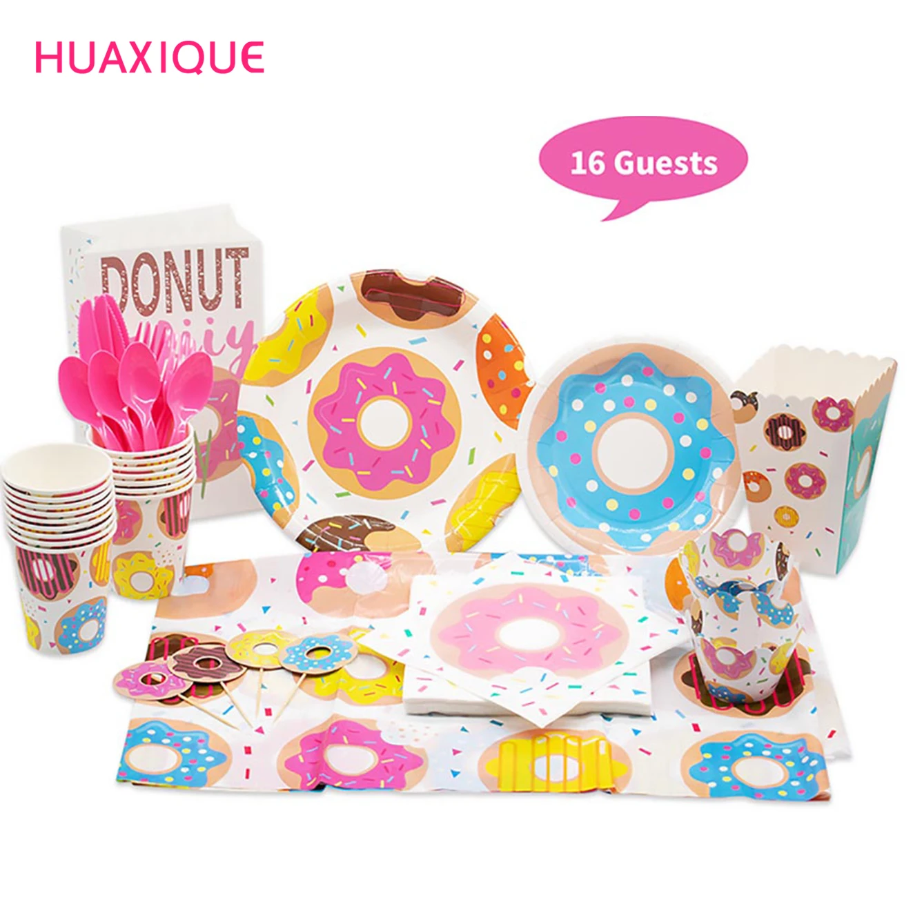 

113 Pcs/16 Sets Guests Doughnut Paper Cup Napkin Plates Happy Birthday Anniversary Baby Shower Candy Bar Party Decoration Donut