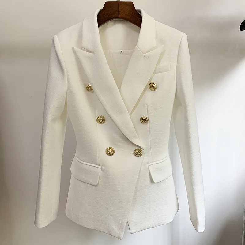 Cotton Linen Black White Blazer 2021 Autumn Female Jacket Double-breasted Gold Button Office Ladies Women Blazers High Quality