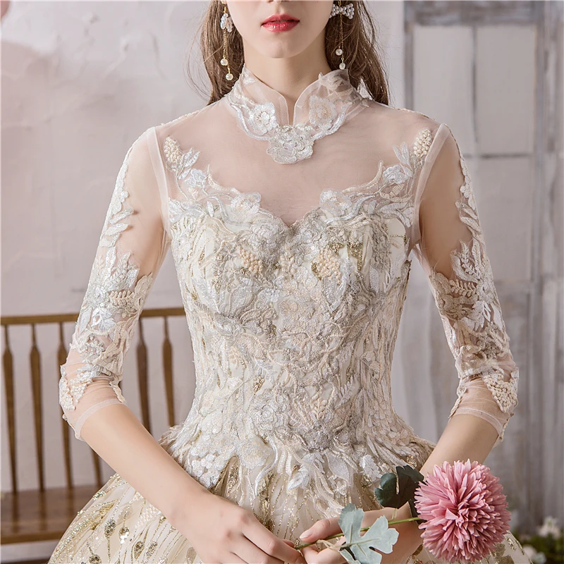 Personalizado alta pescoço champanhe meia manga vestido de casamento vintage luxo rendas bordadollioun vestido de princesa robe de mariee