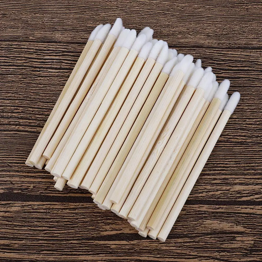 100/200PCS Lip Wands Factory Eco-friendly Nylon Hair Disposable Makeup Lip Brush Applicator with Bamboo Wood Handles