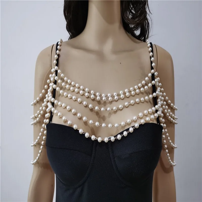 Fashion Alloy Imitation Pearl Necklace Body Chain Women's Pearl Shoulder Chain Jewelry Handmade Bead Breast Chain