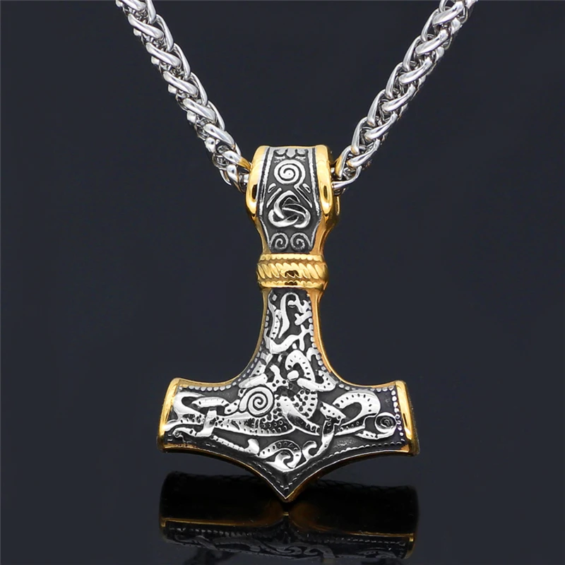 Punk Edelstahl Nordische Wikinger Amulett Anhänger Kette Odins Goldfarbener Thors Hammer Halsketten Herren Ethno-Schmuck Geschenke – Detail 15