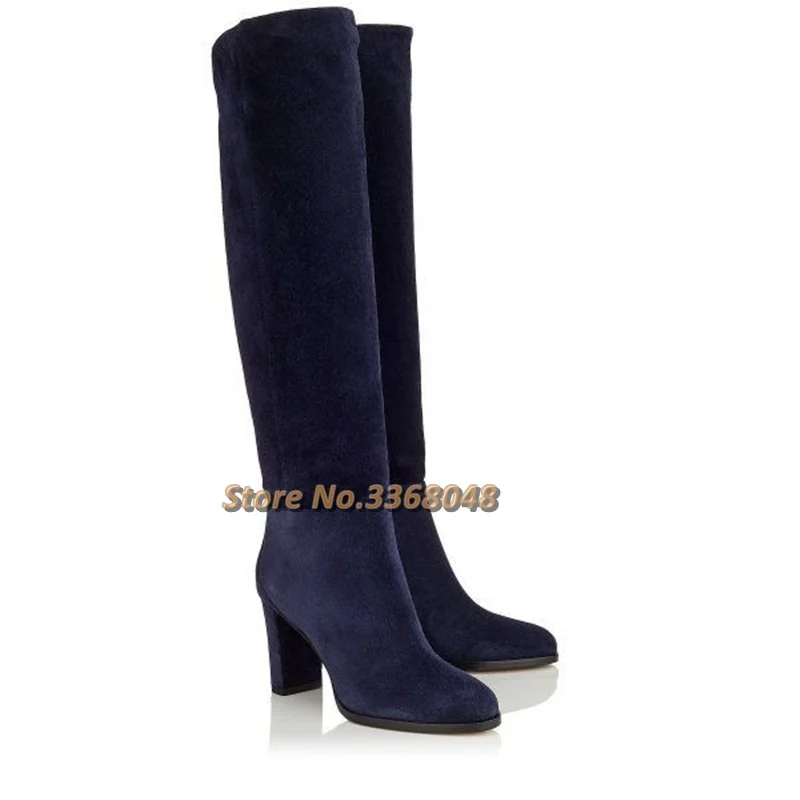 Suede Navy Blue Boots Round Toe Chunky Heels Knee High Long Boots Slip On Square Custom Made Winter Women Boots New Arrivals