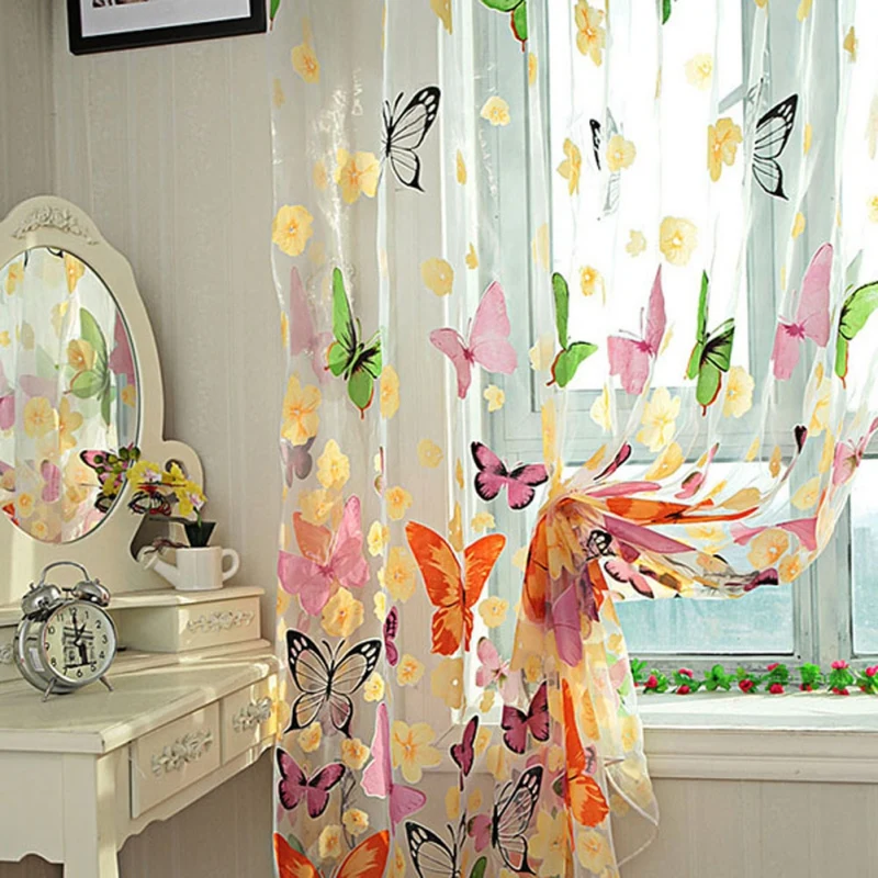 1PC Tulle Curtain For Bedroom Kitchen Kids Room Decoration Louver Window Treatments Romantic Butterfly Pattern Sheer Drape