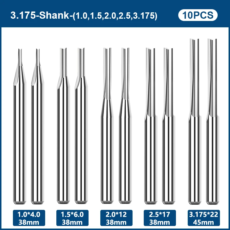 10 Stuks 3.175Mm Shank 2 Fluit Rechte Frees Carbide End Mills Router Bit Straight Slot Voor Cnc Mdf graveren Frees