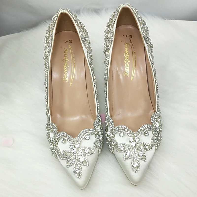 BaoYaFang Ivory Crystal Wedding shoes women high heels Pointed Toe Bridal party dress shoes woman 9cm Thin High Pumps Female