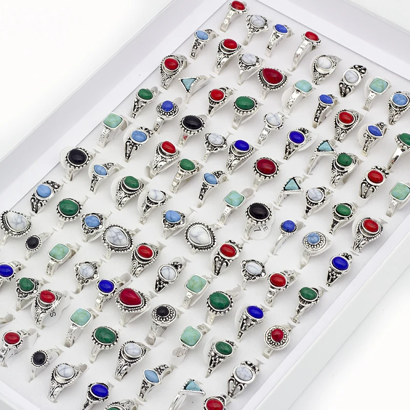 50pcs/lot Women's Bohemia Style Rings Antique Silver Color Stone Jewelry Finger joint ring Dropshipping Party Gifts