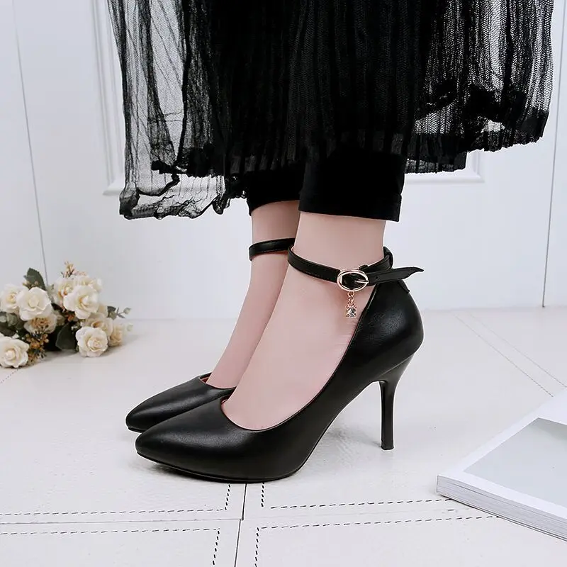 2024 New Soft Leather High Heels Black Matte Comfort Ankle Strap Pumps Ol Office Lady Shoes Woman Dress Shoes