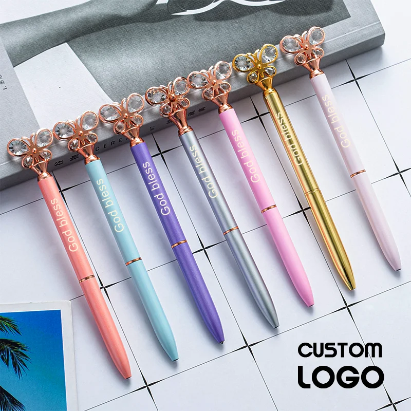 Customized LOGO Diamond Crystal Ballpoint Pens Personalized Cute Butterfly Metal Gel Pen Advertising Gift Pen Student Stationery