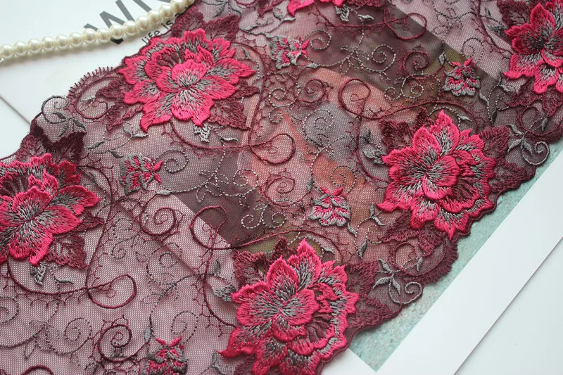 6Meters Dark Red Rose Flower Mesh Fabric Venise Lace Trim Embroidery Two Sides Edge Embellishment Sewing Crafts Doll Material