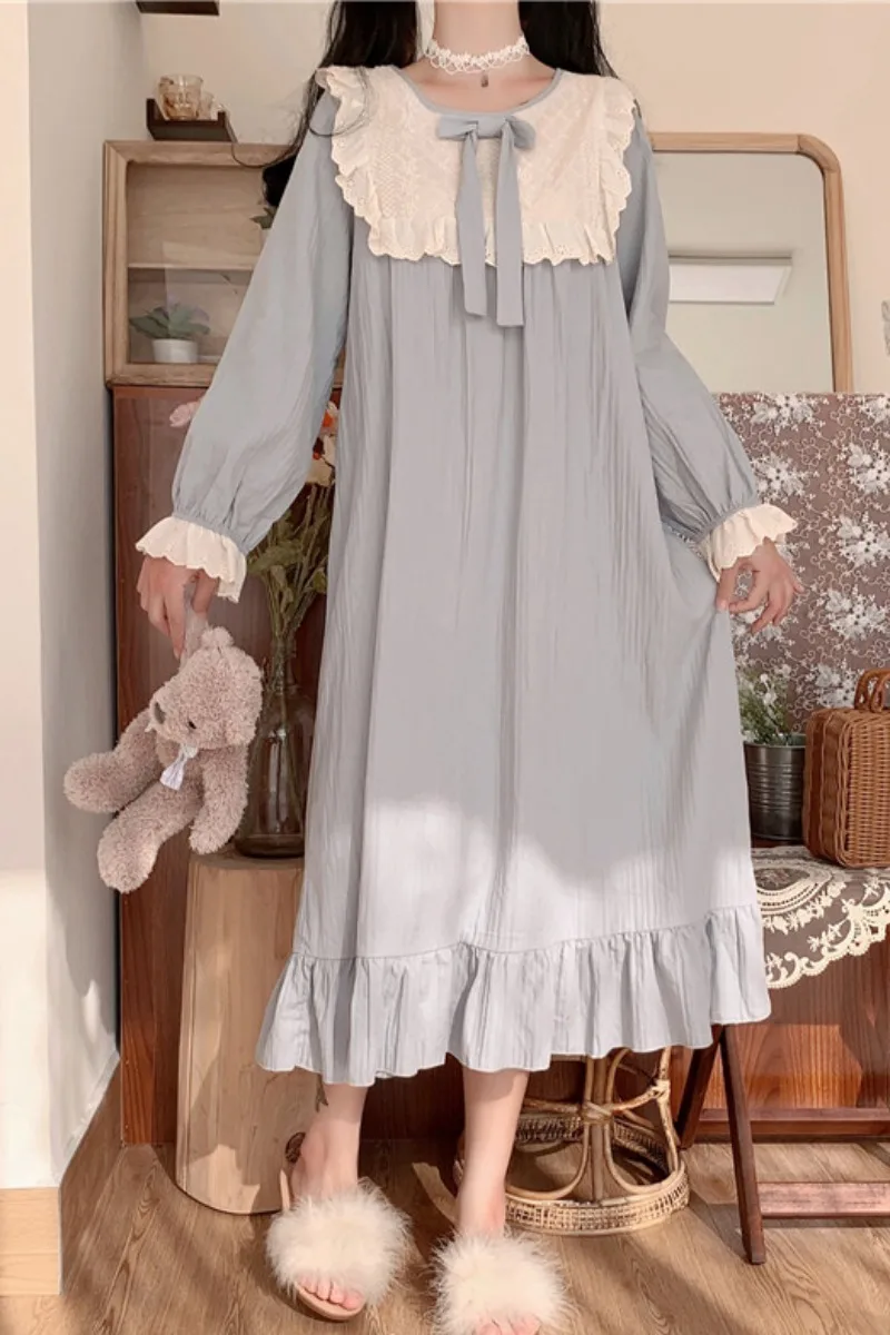 New Homewear Sweet Princess Style Nightdress Lace Bow Long Sleeve Ruffled Pajamas for Women Autumn and Winter