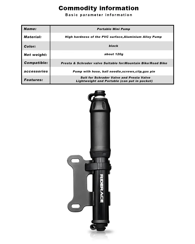Tragbare Fahrradpumpe mit Schlauch, Ballnadel, Handluftpumpe für Mountainbike und Rennrad, Reifenfüller, Schrader- und Presta-Ventil, MTB-Zubehör – Detail 3