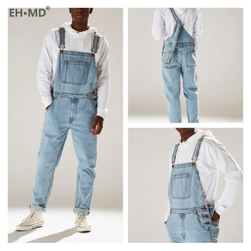 EH·MD® Sling One-Piece Jeans Men\'s Seasonal Large Chest Pockets Can Be Matched With Belts Pure Cotton Sky Blue Stretch Straight