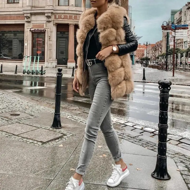 Fur Coat Women Sleeveless Vest Black Red Grey Green Pink Blue Fur Jackets Winter Outerwear Women Clothing 3Xl 4Xl