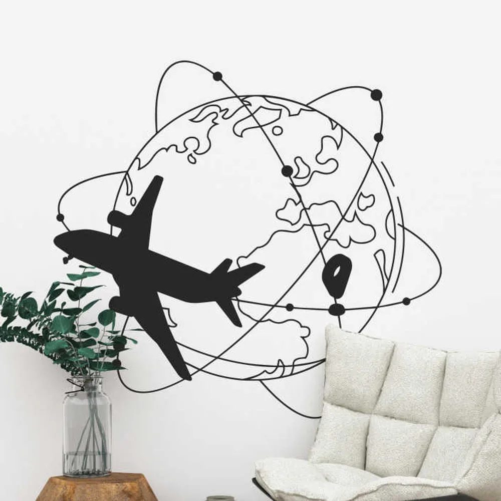 Duża podróż Świat Samolot Naklejka ścienna Sypialnia Camper Rv Camping Odkryj mapę świata Naklejka ścienna Biuro Winyl Home Decor