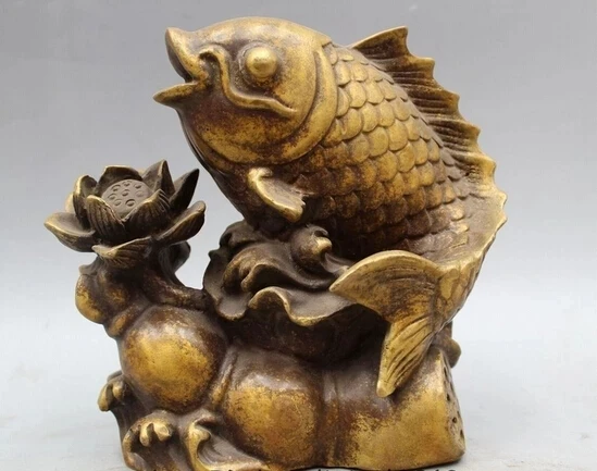 wholesale factory 8" Chinese Bronze Folk lotus flower root Carp Fish barracuda Statue sculpture 25% off