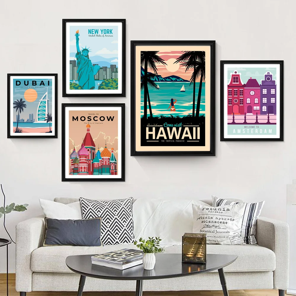 Dubai Moscow New York Hawaii City Landscape Nordic Posters and Prints Wall Art Canvas Painting Wall Pictures for Living Room