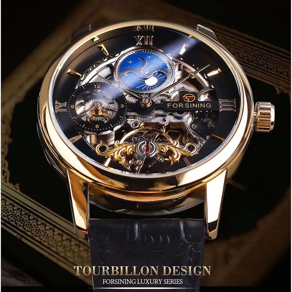 Forsining Skeleton Dial Dual Time Zone Mechanical Watch Black Gold Leather Band Moon Phase Tourbillon Waterproof Automatic Watch